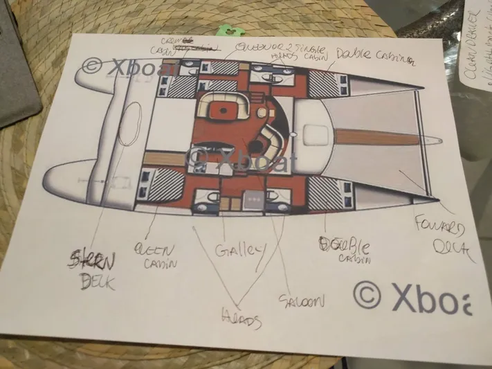 Pono Yacht Photos Pics Floor plan of 2005 Fountaine Pajot FP Eleuthera 60 catamaran with labeled cabins and galley.