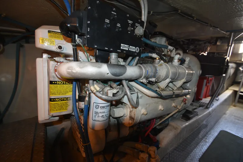 Whaler Yacht Photos Pics Engine room of a 1997 Ocean 48 Convertible yacht, featuring Detroit Diesel marine power.