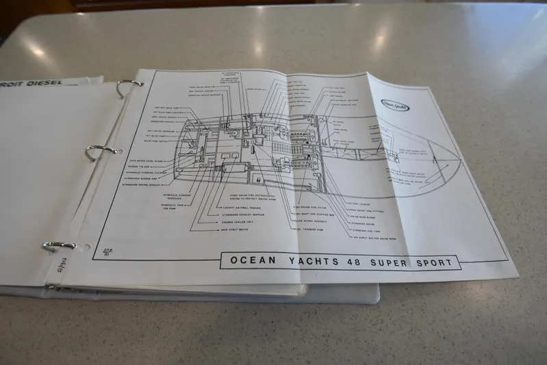 Whaler Yacht Photos Pics Blueprint of 1997 Ocean Yachts 48 Convertible on a table, showing detailed layout.
