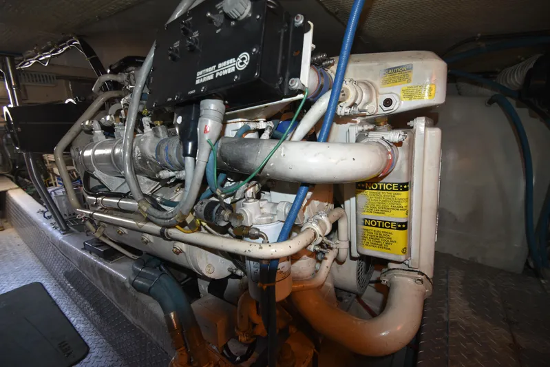 Whaler Yacht Photos Pics Engine room of 1997 Ocean 48 Convertible yacht, featuring Detroit Diesel Marine Power.