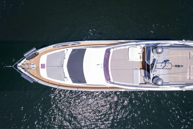  Yacht Photos Pics Aerial view of 2015 Ferretti Yachts 750 on calm water.