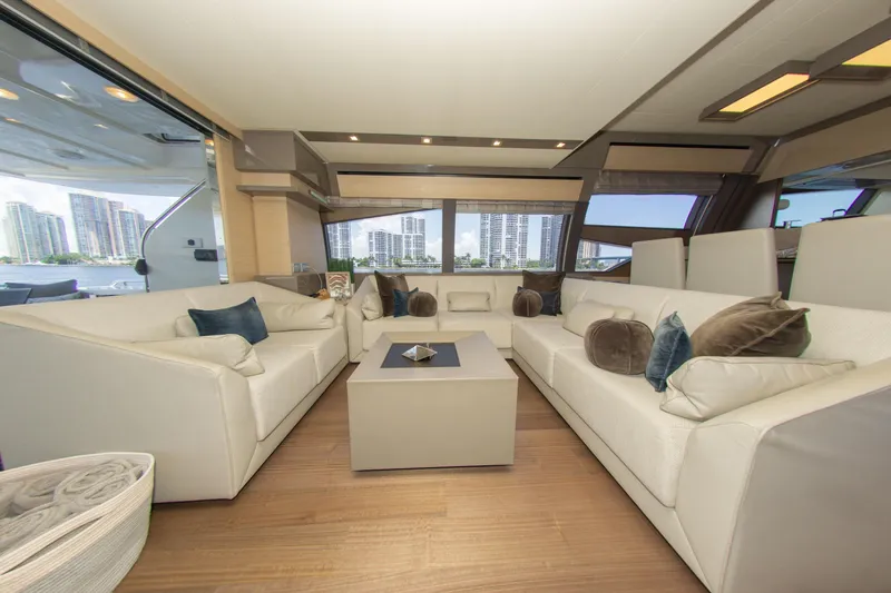  Yacht Photos Pics Luxurious interior of 2015 Ferretti Yachts 750 with elegant seating and modern decor.