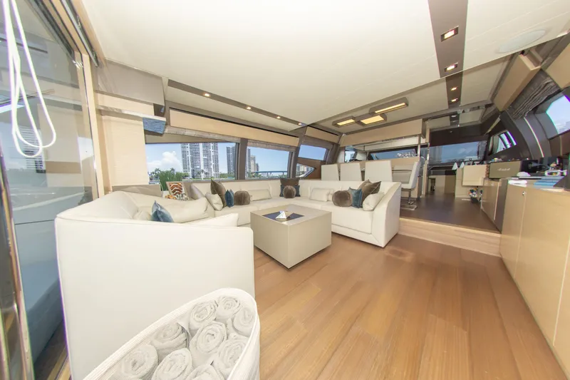  Yacht Photos Pics Luxurious interior of 2015 Ferretti Yachts 750 with elegant seating and modern design.