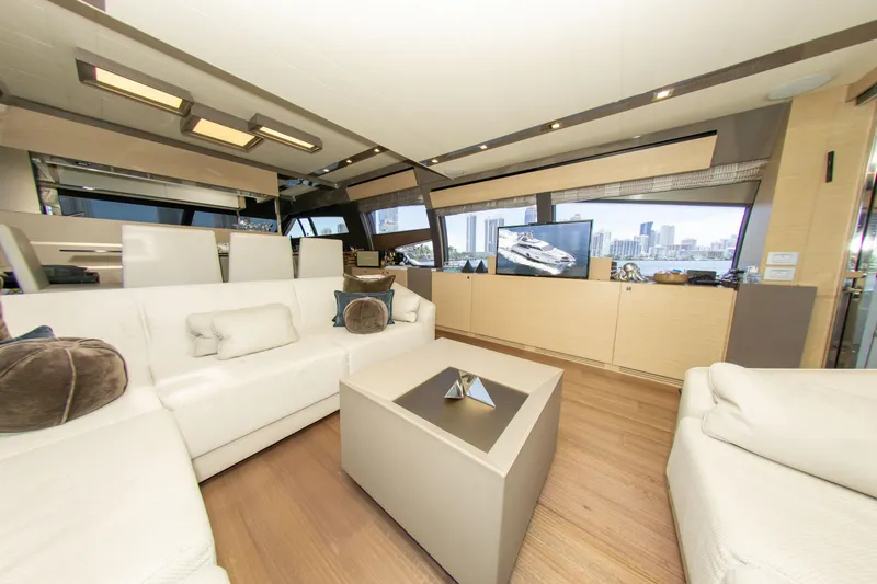  Yacht Photos Pics Luxurious interior of 2015 Ferretti Yachts 750 with modern furnishings and city view.