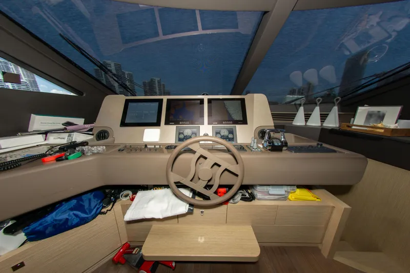  Yacht Photos Pics Helm of 2015 Ferretti Yachts 750 with modern navigation equipment and panoramic view.