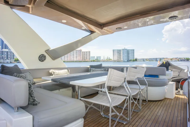  Yacht Photos Pics Luxurious 2015 Ferretti Yachts 750 deck with seating, overlooking waterfront cityscape.