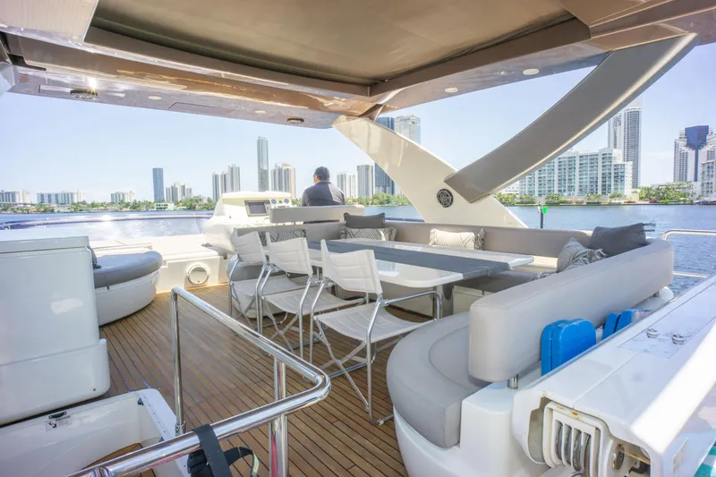  Yacht Photos Pics Luxurious 2015 Ferretti Yachts 750 with spacious deck, city skyline view.