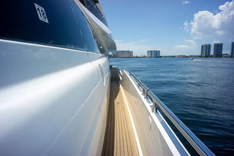  Yacht Photos Pics 2015 Ferretti Yachts 750 cruising on a sunny day, showcasing sleek design and ocean view.