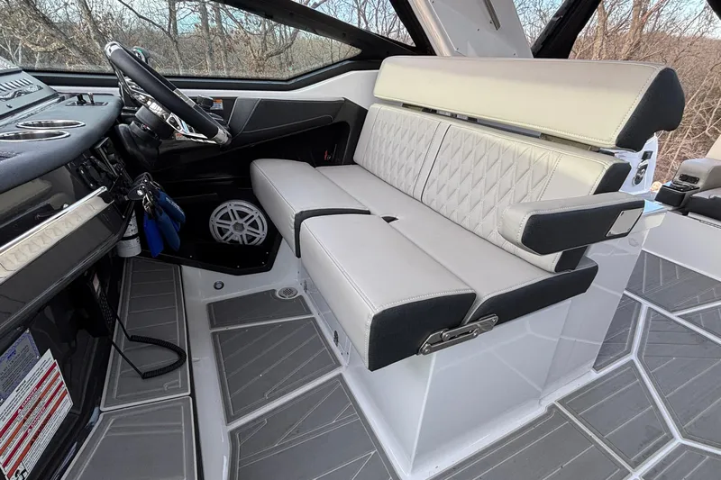  Yacht Photos Pics 2026 Monterey 385 Super Express interior with luxurious seating and modern dashboard design.