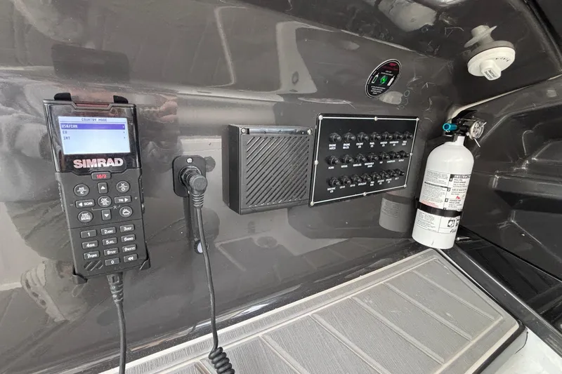  Yacht Photos Pics Control panel of 2026 Monterey 385 Super Express with radio and fire extinguisher.