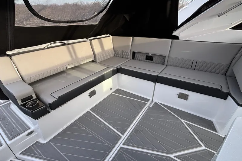  Yacht Photos Pics Luxurious seating area in 2026 Monterey 385 Super Express boat interior.