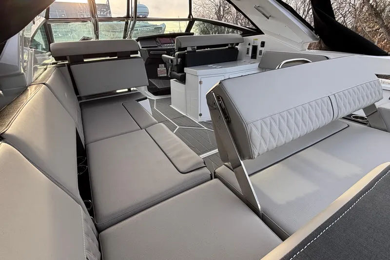  Yacht Photos Pics Interior of 2026 Monterey 385 Super Express yacht with luxurious seating and modern design.