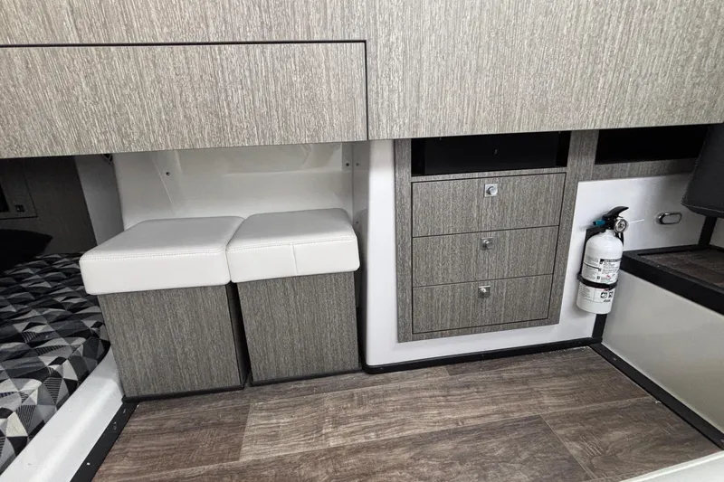  Yacht Photos Pics Interior of 2026 Monterey 385 Super Express with modern cabinetry and seating.