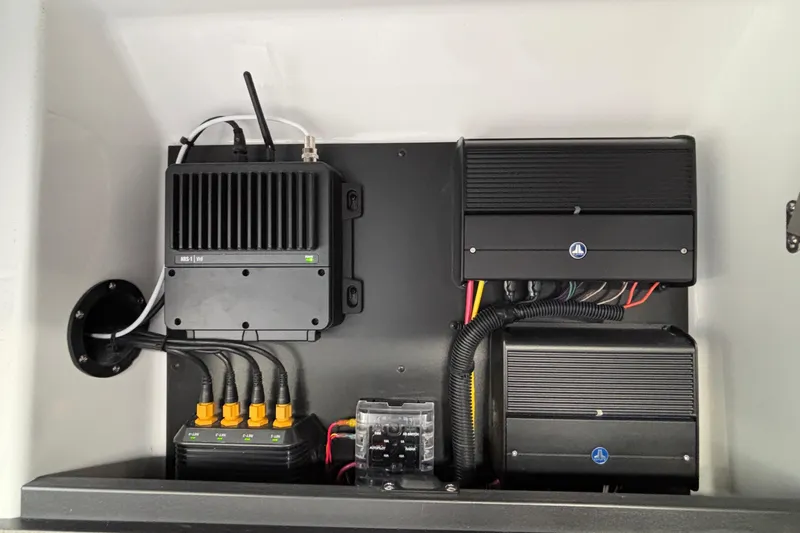  Yacht Photos Pics Electrical system components in a 2026 Monterey 385 Super Express boat.