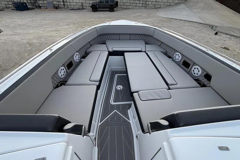  Yacht Photos Pics 2026 Monterey 385 Super Express boat interior with luxurious seating and integrated speakers.