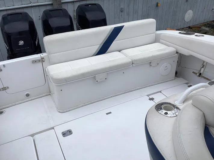  Yacht Photos Pics 2008 Donzi 38 ZSF boat interior with white seating and Mercury engines.