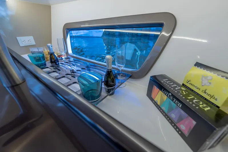 Music Yacht Photos Pics Luxurious interior of 2024 Hanover 415 yacht with drinks and tea set.