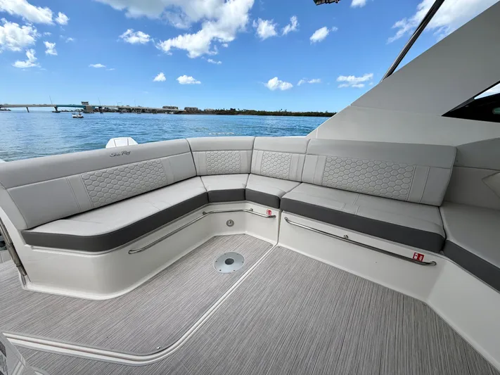  Yacht Photos Pics Interior of 2025 Sea Ray Sundancer 320 Outboard with gray upholstery.