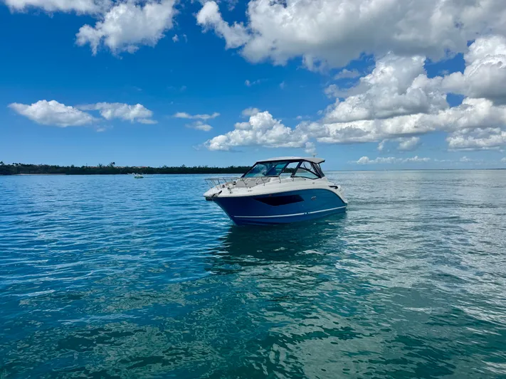  Yacht Photos Pics 2025 Sea Ray Sundancer 320 Outboard on calm water under blue sky.