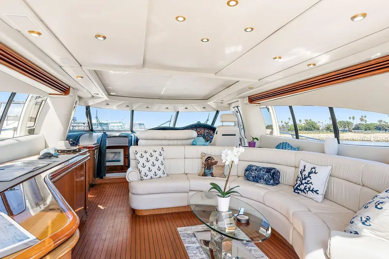 Blue Steel Yacht Photos Pics Luxurious interior of 1998 Sunseeker Predator 80 yacht with elegant seating and decor.