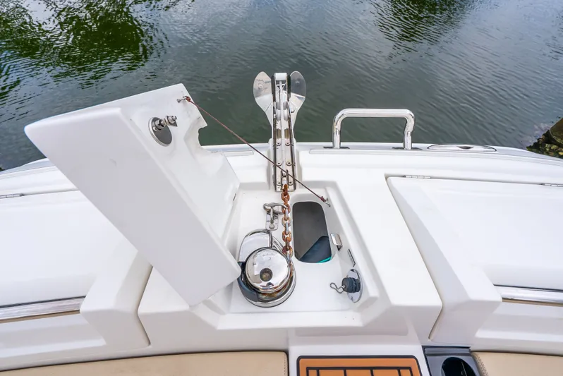 Ohana Yacht Photos Pics Aquila 32 boat anchor system, 2020 model, with open hatch and chain mechanism.