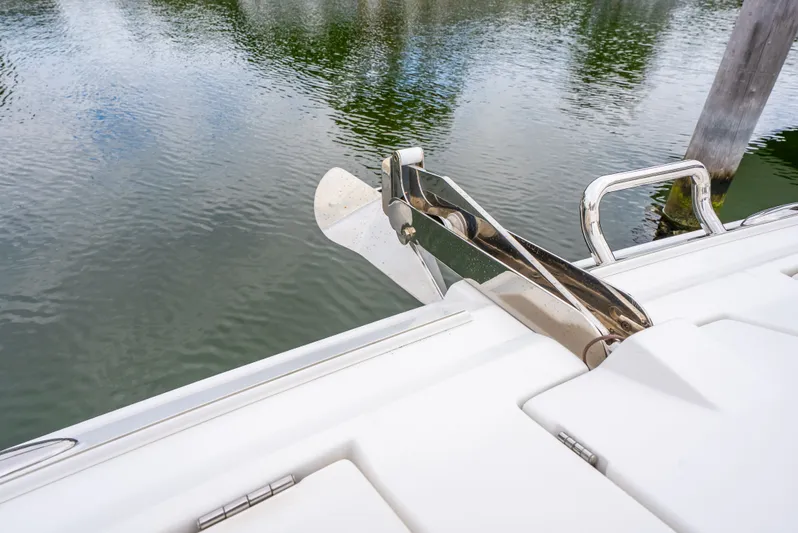 Ohana Yacht Photos Pics Aquila 32 boat anchor detail, 2020 model, near calm water.