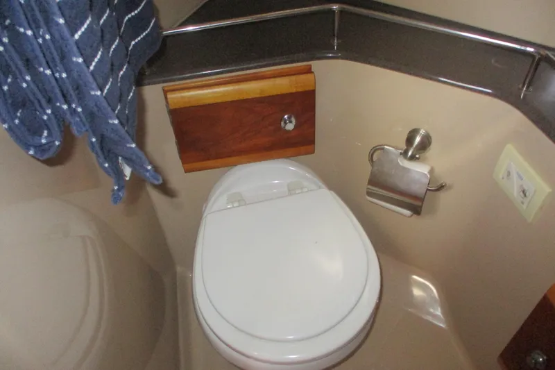 I'm Busy Yacht Photos Pics Bathroom interior of 2015 Cutwater 30 Command Bridge LE boat, featuring toilet and towel.