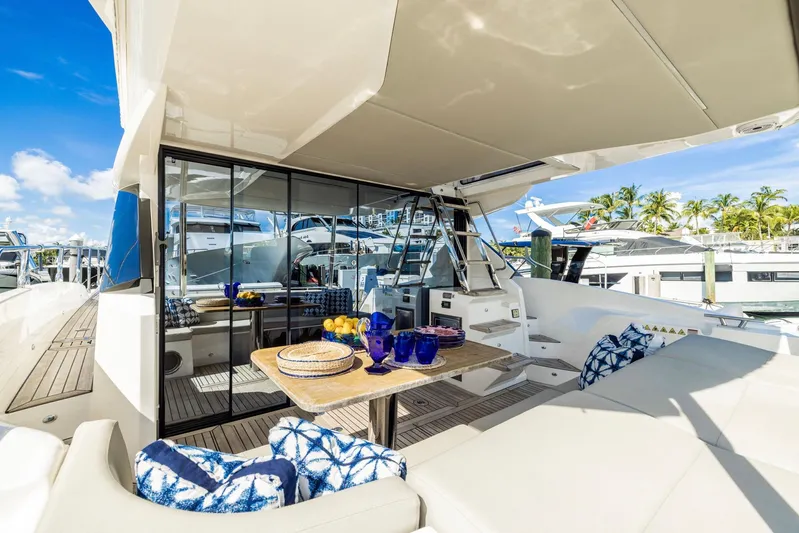 Sipsip Yacht Photos Pics Luxurious 2018 Absolute 52 FLY yacht with elegant outdoor dining area and plush seating.