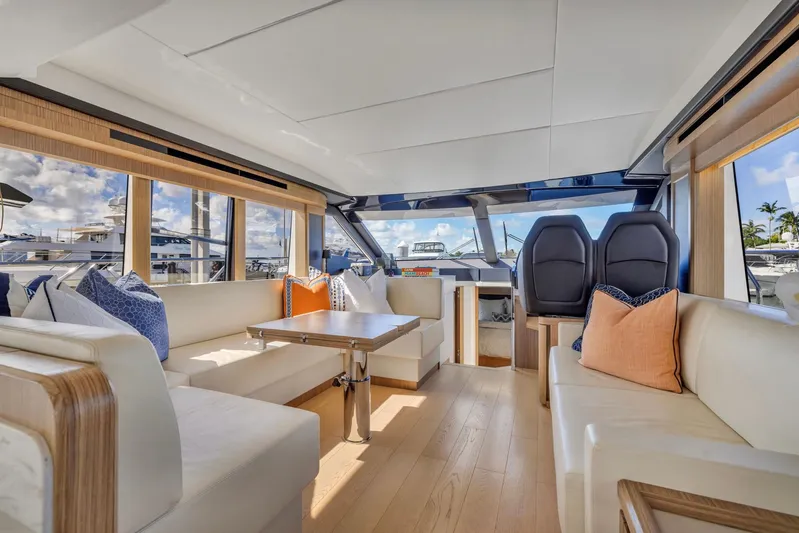 Sipsip Yacht Photos Pics Luxurious interior of 2018 Absolute 52 FLY yacht with elegant seating and panoramic windows.
