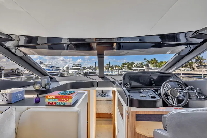 Sipsip Yacht Photos Pics Luxurious interior of 2018 Absolute 52 FLY yacht with modern helm and scenic marina view.