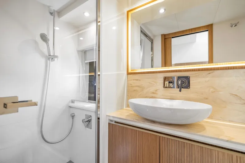 Sipsip Yacht Photos Pics Luxurious bathroom in 2018 Absolute 52 FLY yacht with modern fixtures and elegant design.