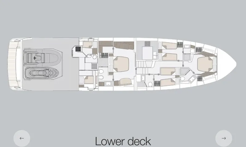  Yacht Photos Pics Lower deck layout of 2022 Azimut S8 yacht, showcasing cabin and utility areas.