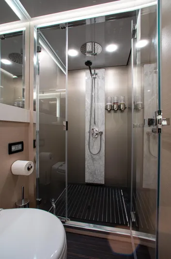  Yacht Photos Pics Luxurious bathroom in 2022 Azimut S8 yacht with modern shower and sleek design.