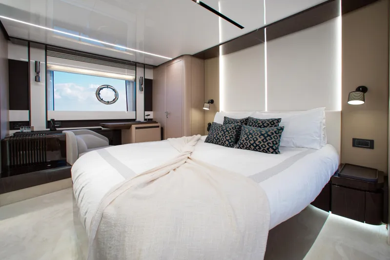  Yacht Photos Pics Luxurious bedroom interior of 2022 Azimut S8 yacht with modern design and ocean view.