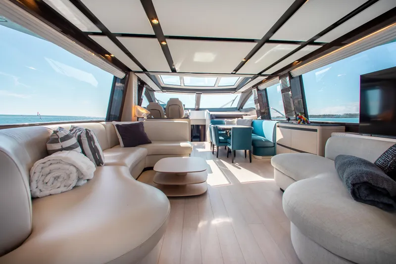 Yacht Photos Pics Luxurious interior of 2022 Azimut S8 yacht with modern seating and panoramic windows.