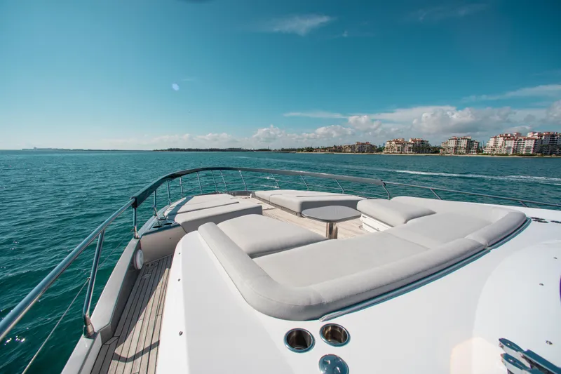  Yacht Photos Pics Luxurious 2022 Azimut S8 yacht deck with ocean view and sunny sky.