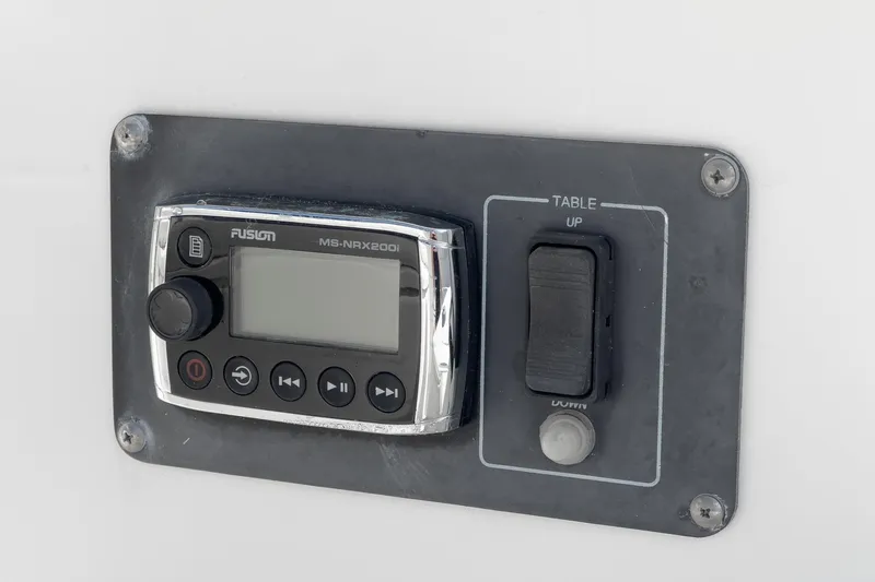 Vaquero Chingon Yacht Photos Pics Control panel on 2016 Boston Whaler 370 Outrage with Fusion MS-NRX200i stereo.