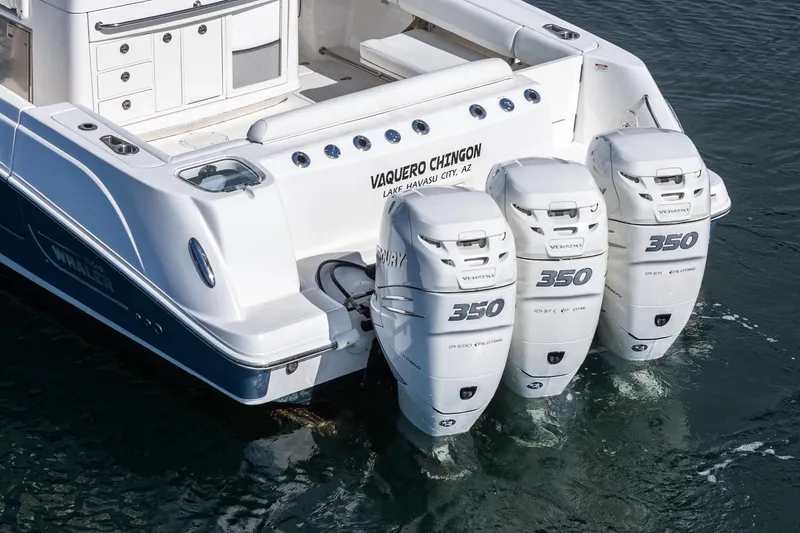 Vaquero Chingon Yacht Photos Pics 2016 Boston Whaler 370 Outrage with triple 350 Verado engines on water.
