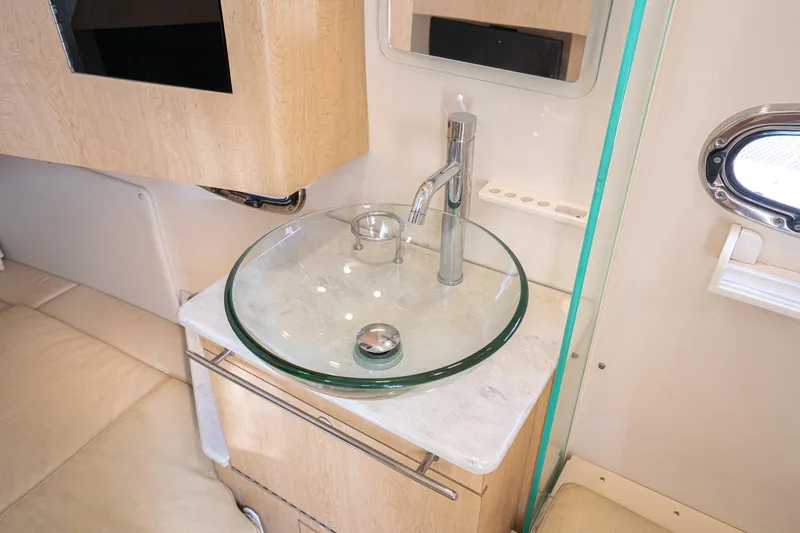 Vaquero Chingon Yacht Photos Pics Luxurious bathroom sink in 2016 Boston Whaler 370 Outrage yacht interior.