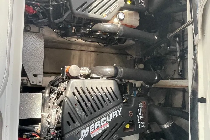 Irish Rover Yacht Photos Pics Engine compartment of a 2006 Sea Ray 360 Sundancer with Mercury engines.