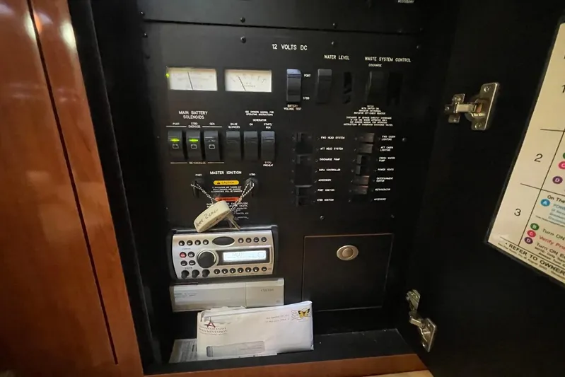 Irish Rover Yacht Photos Pics Electrical control panel inside a 2006 Sea Ray 360 Sundancer boat.