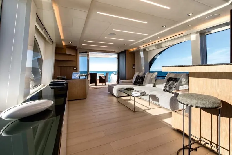 Illuzion Yacht Photos Pics Luxurious interior of 2020 Monte Carlo Yachts MCY 70 with modern design and ocean view.