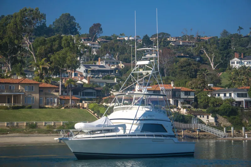 Aquila II Yacht Photos Pics 1990 Bertram 50 Convertible yacht docked near luxurious waterfront homes.
