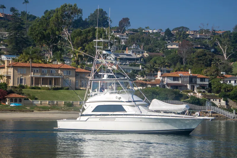Aquila II Yacht Photos Pics 1990 Bertram 50 Convertible yacht cruising near luxury waterfront homes.