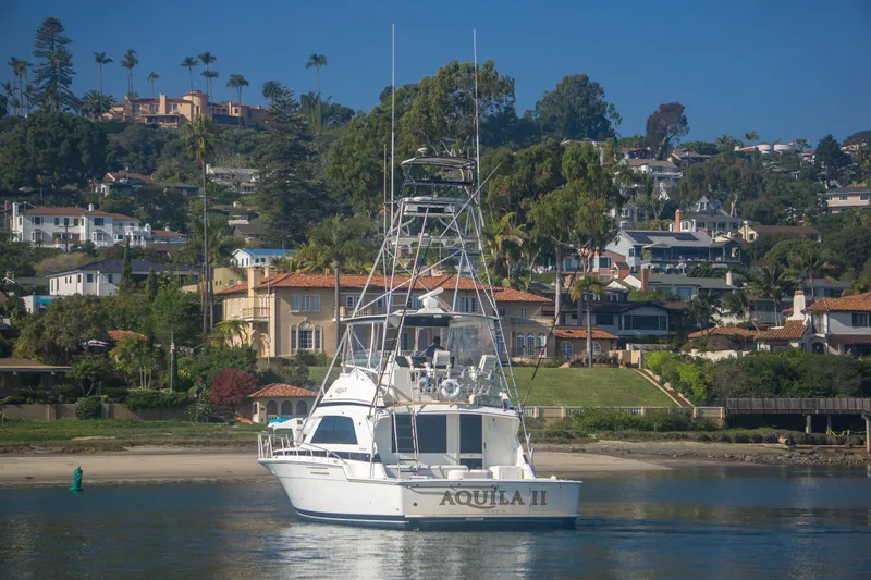 Aquila II Yacht Photos Pics 1990 Bertram 50 Convertible yacht "Aquila II" on calm water, scenic coastal backdrop.