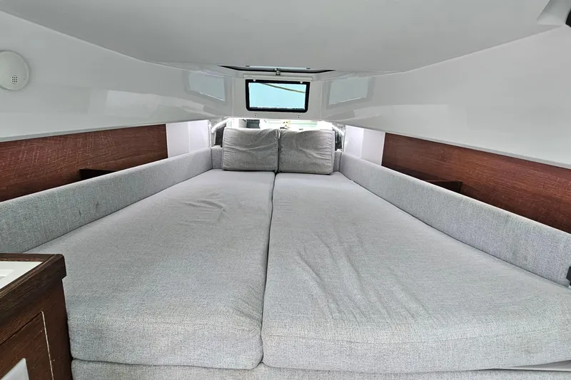 Wanderlust Yacht Photos Pics Interior cabin view of 2020 Axopar 37 XC Cross Cabin with spacious bed.