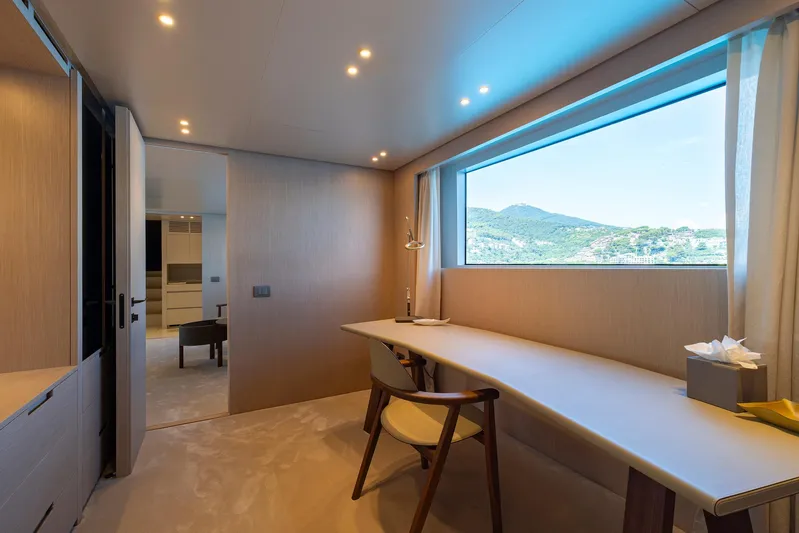  Yacht Photos Pics Luxurious interior of 2024 Sanlorenzo SD118 yacht with scenic window view.