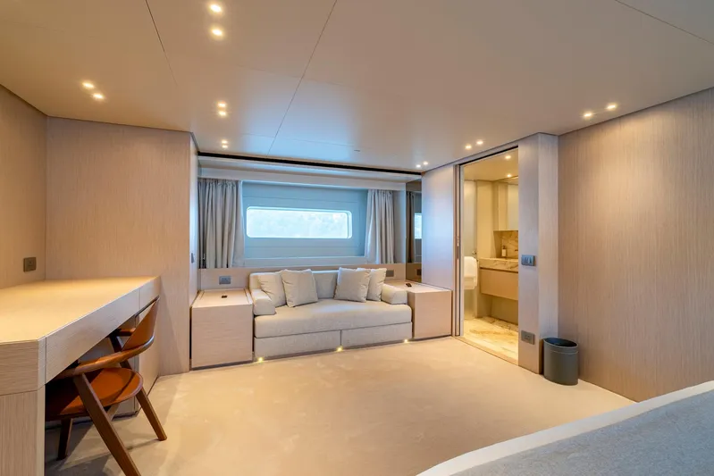 Yacht Photos Pics Luxurious interior of 2024 Sanlorenzo SD118 yacht with modern furnishings and elegant lighting.
