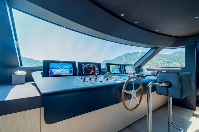  Yacht Photos Pics Modern helm of 2024 Sanlorenzo SD118 yacht with advanced navigation displays.