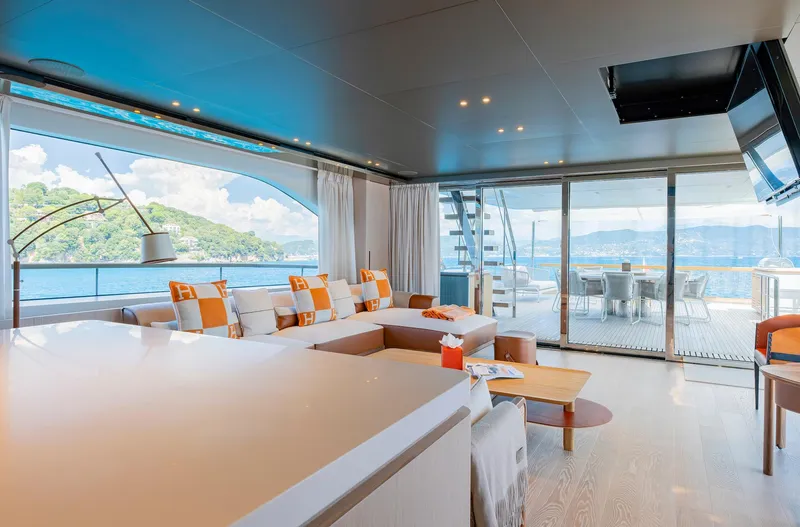  Yacht Photos Pics Luxurious interior of 2024 Sanlorenzo SD118 yacht with ocean view and modern decor.